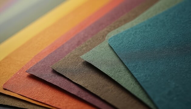 Collection of textured paper samples in warm and cool earthy tones. Swatches form a fan, fanned out with overlapping layers showing subtle grain.