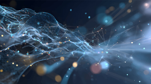 Futuristic vibrant abstract digital network background with radial burst of light and energy emanating. Blue, purple, and orange light beams radiate and glowing particles effects. 3D illustration