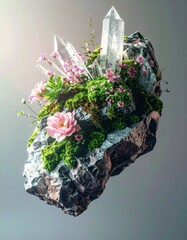 Floating rock island adorned with quartz crystals and vibrant pink flowers, Whimsical levitating rock garden with quartz points and delicate blossoms