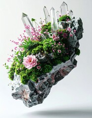 Floating Rock Island with Crystals and Pink Flowers, Mystical levitating island with quartz, moss, and blossoms on a soft, white background