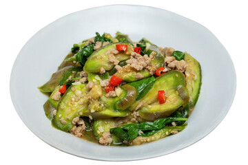 Stir-Fried Thai Long Green Eggplant with Minced Pork on White Plate Isolated on Transparent Background