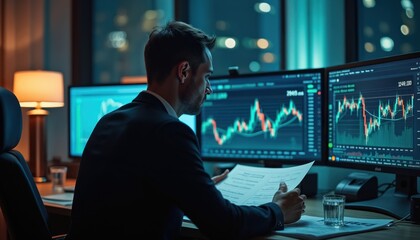 Man in suit studies market charts on multiple computer screens. He holds financial reports, working late at his desk in a modern office. He analyzes stock data for investment decisions.