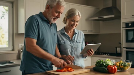 Realistic video of an elderly couple preparing a healthy meal in a modern kitchen