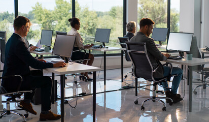 Diverse business professionals sitting at individual desks, focusing on computer work, contributing to productivity and efficiency in a bright, contemporary open-plan office environment