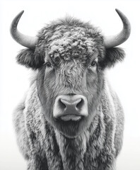 Naklejka premium A striking black and white portrait of a Scottish highland cow with prominent horns