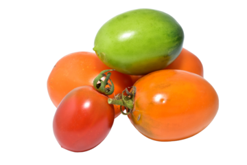 Ripe tomatoes of yellow, red and green colors isolated on PNG background.