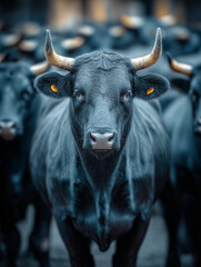 Naklejka premium Majestic black bulls with golden horns standing boldly in a herd during dusk camera shot