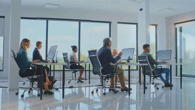 Professional call center agents wearing headsets and working on computers in a modern office, providing telemarketing services and supporting customers