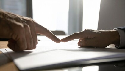 Intense scrutiny: two fingers meeting over a document highlighting contentious details, Focus on agreement: two people negotiating the terms of a legal or business contract