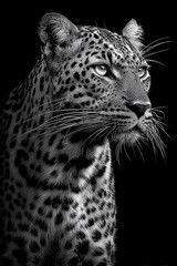 Obraz premium A captivating black and white portrait of a leopard staring intensely at the camera