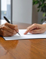 Business Agreement: Signing a Contract with Pen in Office Setting, Reviewing and Finalizing a Legal Document on a Polished Wooden Table