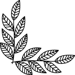 Black and white botanical illustration of a leaf corner accent design with a transparent background on a white backdrop