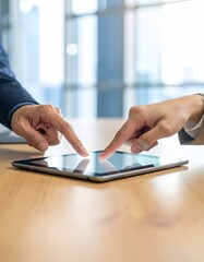 Collaborative Engagement: Two Individuals Interact with a Tablet Device, Shared Digital Collaboration: Tablet Use in a Business Setting