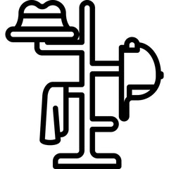Black And White Line Art Icon Of A Coat Rack With A Hat And A Jacket Hanging On It On A Transparent Background