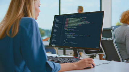 Young female developer concentrating on code at her desk, building software and web applications in a modern office, analyzing algorithms on a desktop monitor