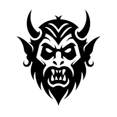 Obraz premium Fierce black and white vector illustration of a monster, demon, or horned creature's face with a menacing expression. 