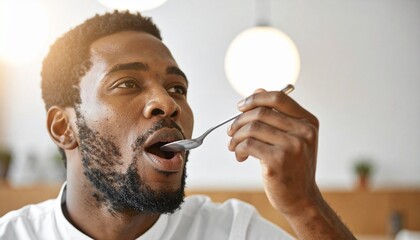 Man with a Spoon Ready to Eat Something, The Moment Before a Man Enjoys a Mouthful
