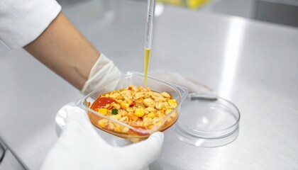 Lab Technician Pipetting Liquid onto Food Sample for Analysis, Scientific Food Testing and Quality Control in a Modern Laboratory Setting