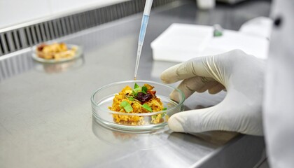 Culinary Innovation: Food Scientist Drops Liquid onto Dish in Lab, Modern Cuisine Experiment: Exploring Flavor Profiles with Pipette and Petri Dish