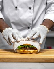 Gloved hands meticulously wrapping a delectable burger, a culinary presentation, A chef's artistry displayed through a perfectly prepared burger wrapping