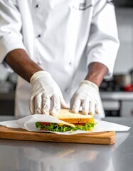 Gloved Chef Preparing a Delicious Sandwich on a Wooden Cutting Board, Hygienic Food Preparation in a Clean Kitchen Environment