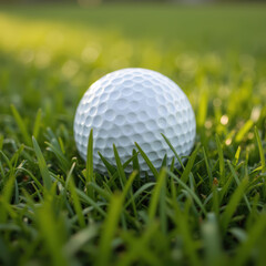Obraz premium Close up view of golf ball resting on lush green grass, showcasing its textured surface and vibrant natural setting