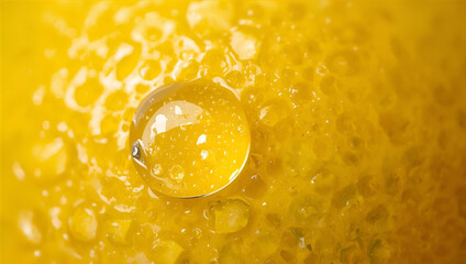 Lemon peel macro texture with water droplets and bright yellow citrus surface