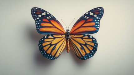 Obraz premium Butterfly with orange and yellow wings speckled with blue on a light background