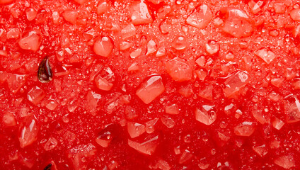 Watermelon Macro Texture with Juicy Red Flesh and Water Droplets 