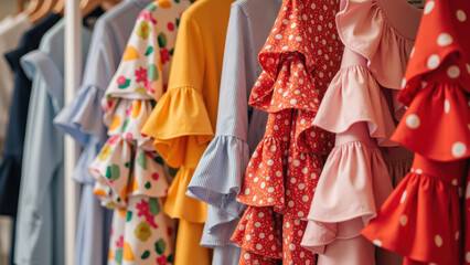 Colorful dresses with ruffled sleeves hang in boutique, showcasing vibrant patterns and textures. playful designs create cheerful atmosphere