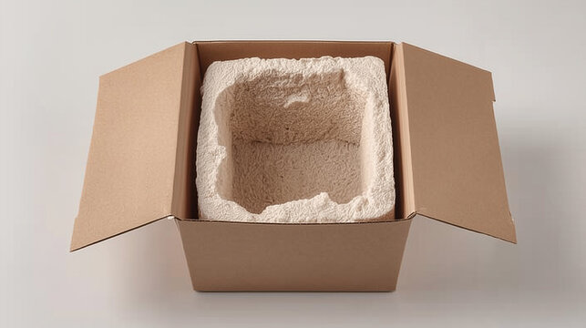 Open cardboard box with eco-friendly mushroom mycelium packaging insert on white background