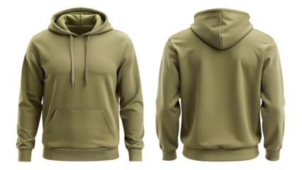 Front and back view of a plain olive green hooded sweatshirt, isolated on a transparent background, showcasing apparel design