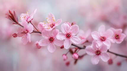 Obraz premium Delicate branch of light pink blossoms, some fully opened, others in bud, against a soft-focus pastel background. The flowers have a central cluster of yellow stamens