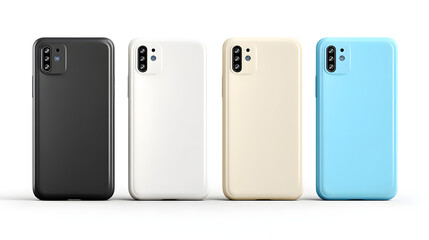 Four colorful smartphones with camera modules arranged in a clean studio setting, front view