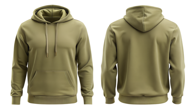 Front and back view of a plain olive green hooded sweatshirt, isolated on a transparent background, showcasing apparel design
