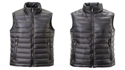 Two black puffer vests shown side by side, isolated on transparent background, displaying front and back views for fashion or retail