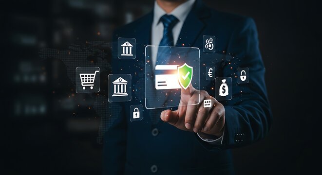 User validating an online transaction with security verification. A digital shield icon confirms payment protection, ensuring safe banking and online shopping - Powered by Adobe