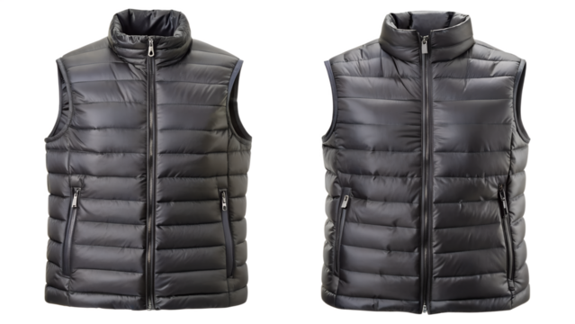 Two black puffer vests shown side by side, isolated on transparent background, displaying front and back views for fashion or retail