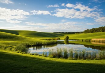Obraz premium Lush green rolling hills and a calm pond under a bright blue sky with scattered clouds