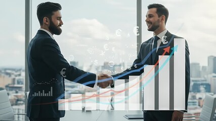 Realistic video of two businessmen shaking hands with financial graph overlay - Powered by Adobe