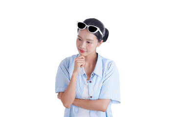 Contemplative Lady: A young lady thoughtfully considers a moment, sunglasses perched atop her head. her expression evokes deep reflection, set against a clean, uncluttered backdrop. 
