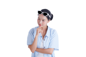 Contemplative Lady: A young lady thoughtfully considers a moment, sunglasses perched atop her head. her expression evokes deep reflection, set against a clean, uncluttered backdrop. 