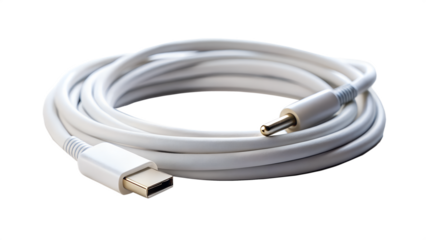 A coiled white usbc cable with a barrel connector on the other end, isolated on transparent background