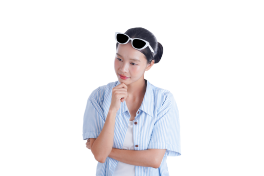 Contemplative Lady: A young lady thoughtfully considers a moment, sunglasses perched atop her head. her expression evokes deep reflection, set against a clean, uncluttered backdrop. 