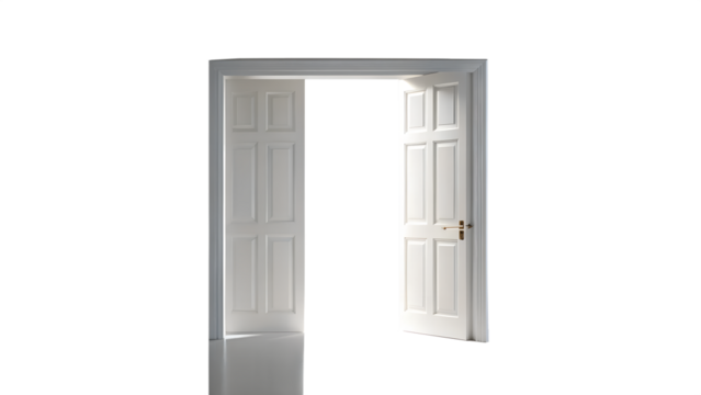 An open double door with light shining through the opening, isolated on transparent background
