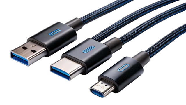 Three modern usb charging cables with different connectors usba, usbc, microusb, isolated on transparent background