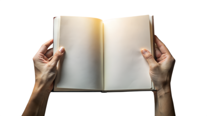 Hands holding an open book with blank pages, isolated on transparent background
