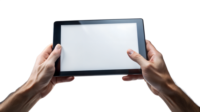 Hands holding a tablet computer with a blank screen, isolated on transparent background