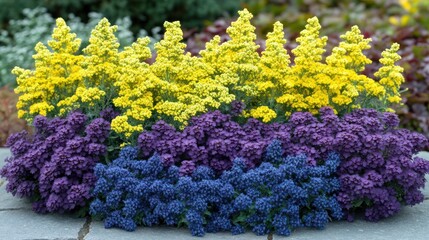 Vibrant flower bed with yellow and purple blooms