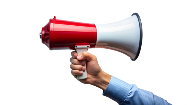 Hand holding a red and white megaphone isolated on transparent background